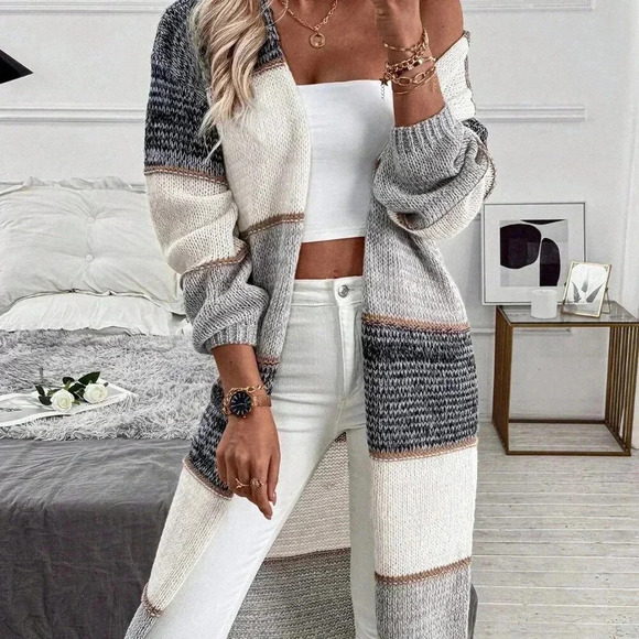 Multicolor Casual Women's Patchwork Loose Dual Pocket Long Cardigan - Picture 6 of 6